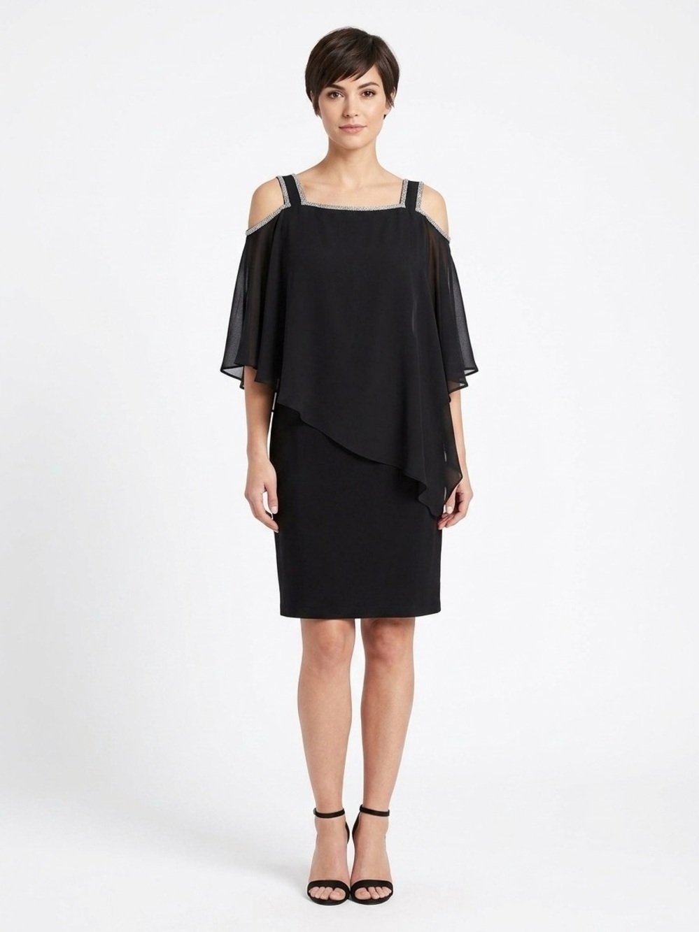 Roz & Ali Black sleeveless knee length evening Dress Sequence neckline Sz S